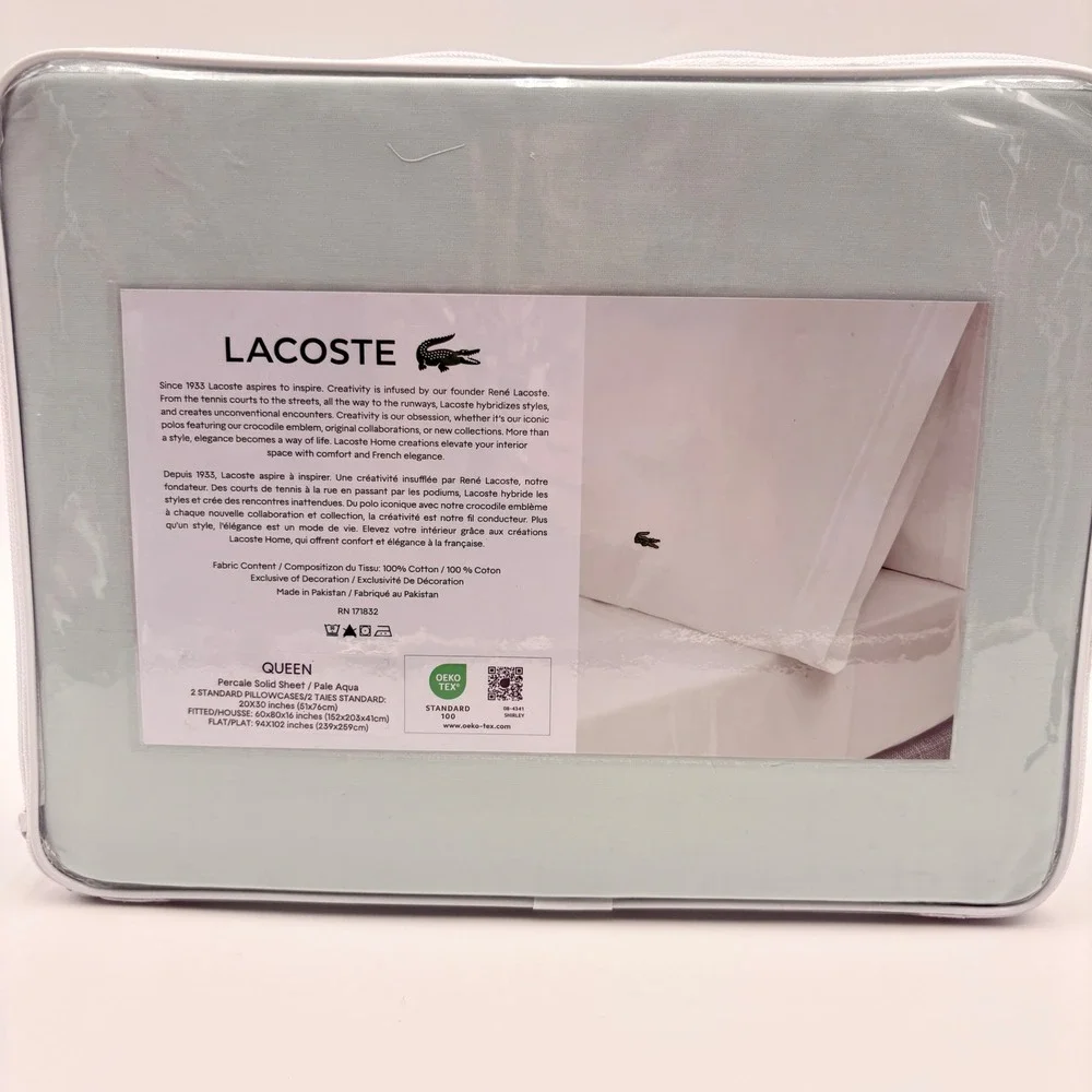 Lacoste Queen Sheet Set 4pc 100% Cotton Percale Pale Aqua Green New